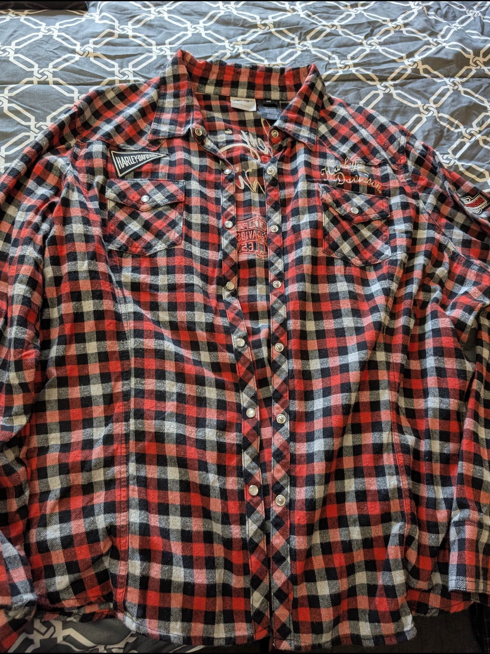 Harley-Davidson Orange, Black & Gray Plaid Button-Down Shirt